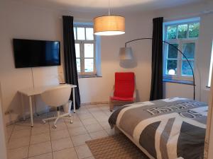 卢森堡Superbe logement à proximité du centre et du Kirchberg的一间卧室配有一张床、一张书桌和一台电视
