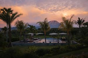 卡朗阿森East Bali Volcano View Resort & Spa - Adults Only Area的远处的山,拥有游泳池和棕榈树