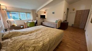 泽沃德德斯坦霍夫酒店的一间卧室配有一张床、一把椅子和电视