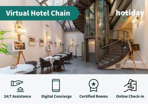 佛罗伦萨HOTIDAY Hotel Firenze Centro的一张带虚拟连锁酒店连锁的用餐室的照片