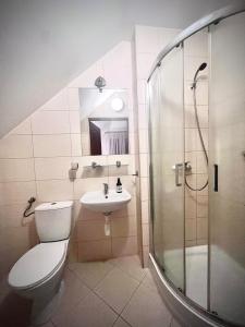 弗热希尼亚隆多宾馆的浴室配有卫生间、盥洗盆和淋浴。