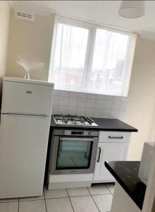 罗奇福德Ac lounge 115 1-Bed Apartment in Rochford的厨房配有炉灶和白色冰箱。