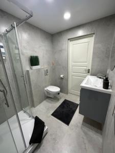 马里扬泊列Žilina的带淋浴、卫生间和盥洗盆的浴室