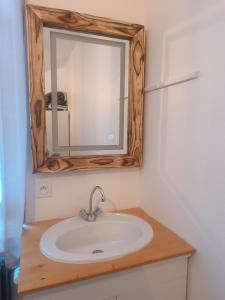 LajouxLes étoiles de Bevy Gîtes的一间带水槽和镜子的浴室