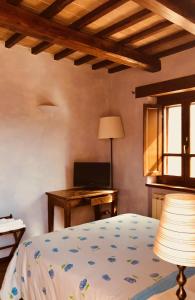 诺尔恰Agriturismo Casale nel Parco dei Monti Sibillini的一间卧室配有一张床和一张带台灯的书桌