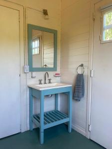蒂格雷Hidden Island Hostel的浴室设有蓝色水槽和镜子
