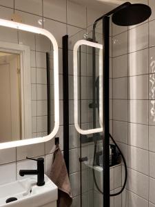 利勒斯特罗姆Hygge houses I Studio apartment in Lillestrøm I Solo or Couple的带淋浴、盥洗盆和镜子的浴室