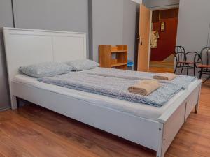 布达佩斯迪普旅舍的一张位于白色床架的房间的床铺