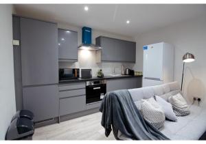 梅德斯通Charming 1BR flat in Maidstone的带沙发的客厅和厨房