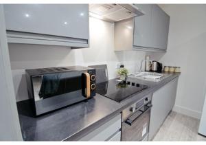 梅德斯通Charming 1BR flat in Maidstone的厨房在柜台上配有黑微波炉
