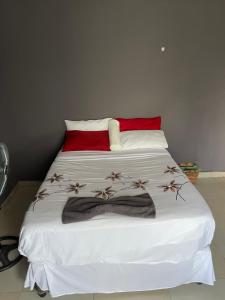 马翁Partulaka Rest Inn的一张带白色毯子和红色枕头的床