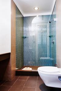 纽约无线电城市公寓的带淋浴、卫生间和盥洗盆的浴室