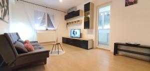 布加勒斯特Cosy 2 room flat -Netflix/Coffee/PS4/Prosecco/3xTV的带沙发和电视的客厅