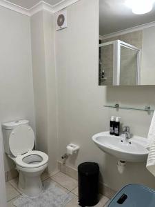 开普敦Cozy Rondebosch Apartment的白色的浴室设有卫生间和水槽。