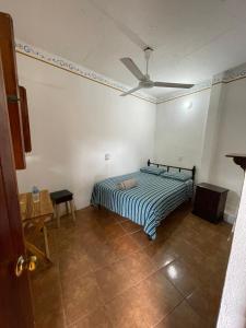 埃斯孔迪多港Hotel Posada Playa Manzanillo的一间卧室配有一张床和吊扇