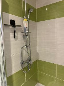 维勒班Gaby, cosy & cocooning, idéal pour 2pers的浴室设有绿色和白色的淋浴