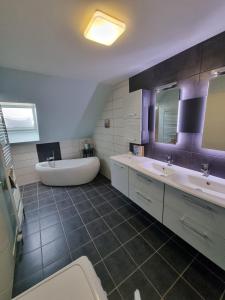 梅特泽拉Le gîte de Cléo, maison spacieuse et paisible.的浴室配有两个盥洗盆和浴缸。