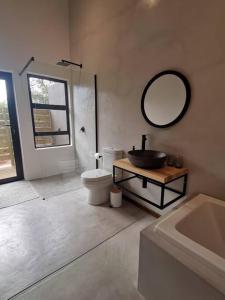 侯斯普瑞特Corkwood Villa的一间带水槽、卫生间和镜子的浴室
