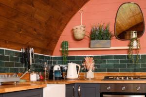 波特帕特里克Bonnie Brae - (Luxury Pod)的厨房拥有粉红色的墙壁和绿色瓷砖