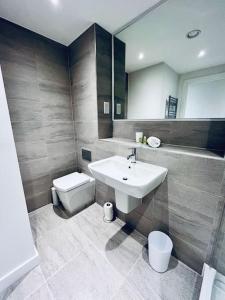 曼彻斯特Cozy and Modern 1 Bed Apartment in Prime Location的一间带水槽和卫生间的浴室