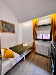 蒂米什瓦拉IRIS Le Dome Apartment的一间卧室设有床和黄色窗帘的窗户