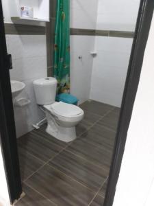 San Carlosel paraiso de juanjo的浴室设有卫生间和绿色淋浴帘。