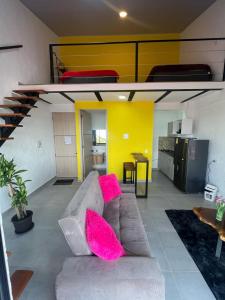 萨兰托apartaestudios las astromelias salento的客厅配有粉红色枕头的沙发