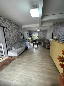 巴拉韦利亚Hotel Mirante的带沙发的客厅以及带无意淋浴的客厅。