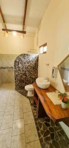 塔尔科莱斯Tarcoles Birding Lodge的一间带水槽和石墙的浴室
