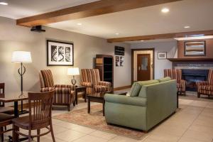 温尼伯温尼伯江山旅馆及套房的客厅配有沙发、椅子和壁炉