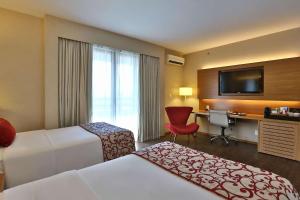 圣保罗圣保罗布鲁酒店的酒店客房设有两张床、一张桌子和一台电视。