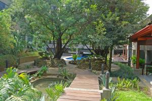 圣何塞哥斯达黎加圣何塞丽笙酒店的一个带木制走道和池塘的花园