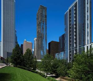 芝加哥芝加哥水楼丽笙酒店的享有城市天际线和高楼的景色