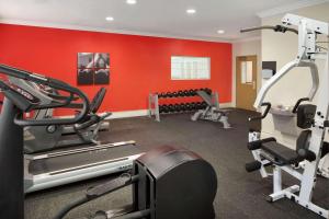 尚佩恩江山旅馆及套房 - 昌平诺斯的一间设有红色墙壁和跑步机的健身房