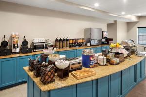 怀特马什巴尔的摩江山套房旅馆的厨房配有蓝色橱柜和柜台上的食品