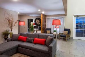 法戈法戈卡尔森江山旅馆&套房酒店的客厅配有带红色枕头的灰色沙发