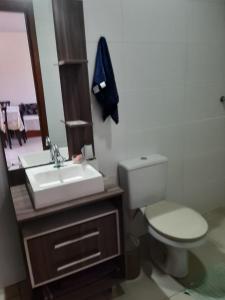 卡庞达卡诺阿Casa de Veraneio的一间带水槽、卫生间和镜子的浴室
