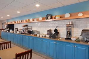 艾肯艾肯乡村套房酒店的厨房配有蓝色橱柜和墙上的盘子