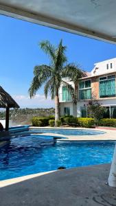 特克塞丁戈casa con hermosa vista al lago de tequesquitengo的棕榈树屋前的游泳池