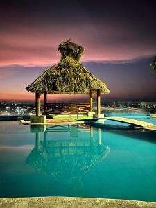 特克塞丁戈casa con hermosa vista al lago de tequesquitengo的游泳池顶上的一把草伞