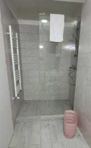 圣格奥尔基Fortuna Park Apartman的带淋浴的浴室和粉红色篮子