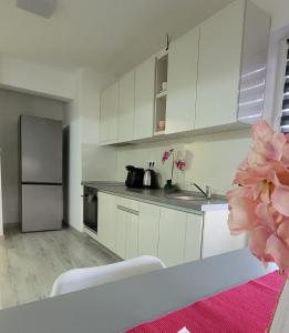 圣格奥尔基Fortuna Park Apartman的厨房配有白色橱柜和台面