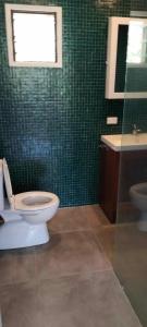维拉港Dream Cove Cottage, 2 Bedroom的一间带卫生间的浴室和绿色瓷砖墙