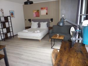 科尔特Apparts' hôtel Casa di a Restonica的客厅配有沙发和1张床