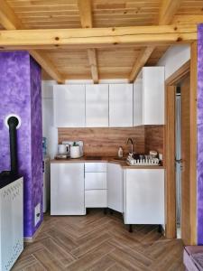维舍格勒Stara pruga Jaz 2的厨房配有白色橱柜和木制天花板。