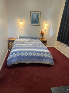 怀乌鲁Oasis Motel - waiouru的一间卧室配有一张带蓝色棉被的床