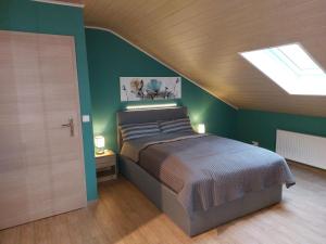 PöhldeCozy holiday apartment in the Harz的一间卧室配有一张带绿色墙壁和天窗的床。