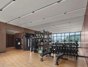 Longnan赣州龙南希尔顿花园酒店的一间健身房,里面设有许多健身器材