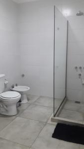拉斐拉Complejo Ermindo I的一间带卫生间和玻璃淋浴间的浴室