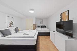 柏林primeflats- Big family apartment Berlin Treptower Park的客厅配有两张床和一台平面电视